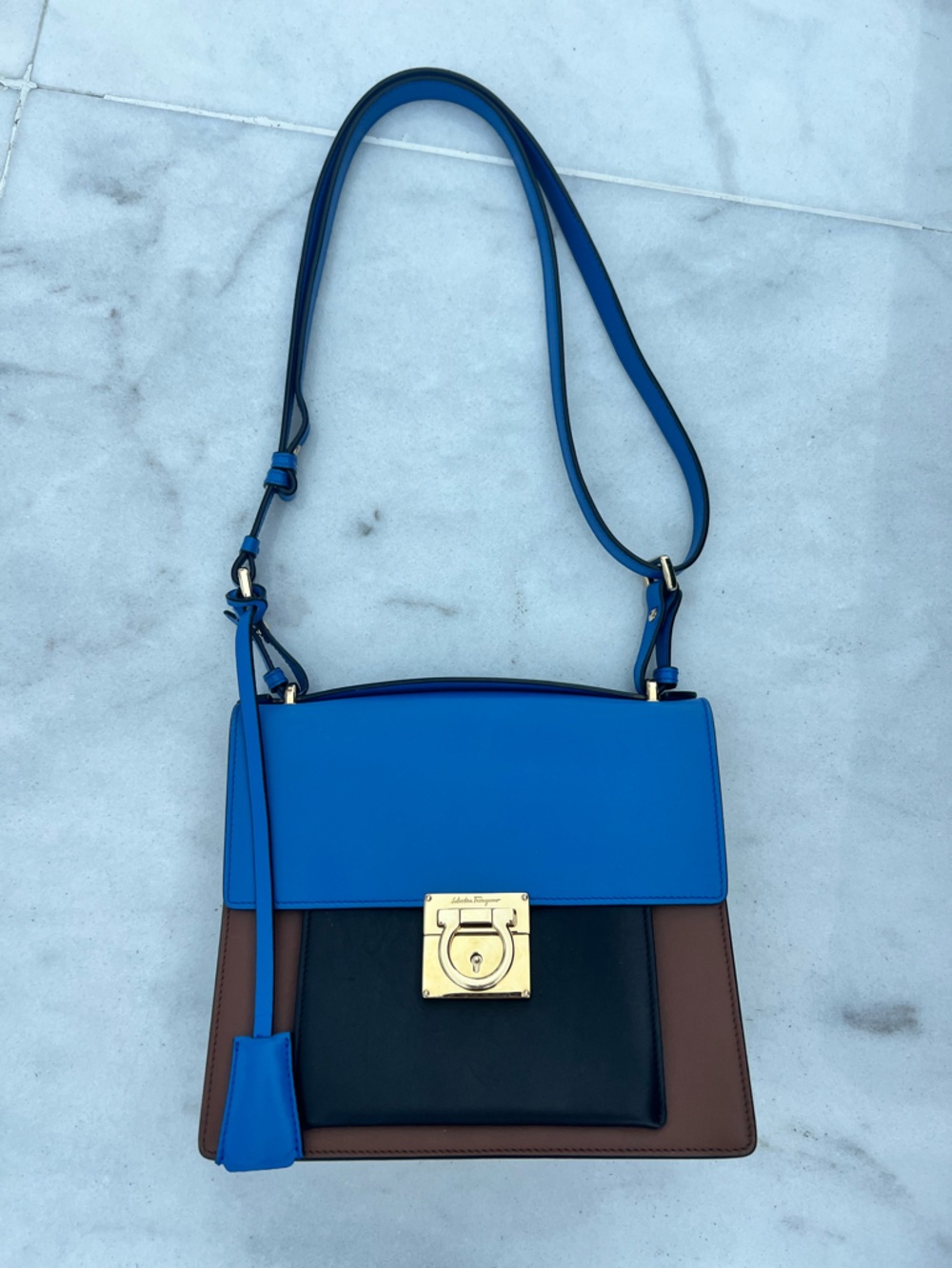 Salvatore Ferragamo Tricolor Leather Crossbody Bag in Blue, Black & Brown